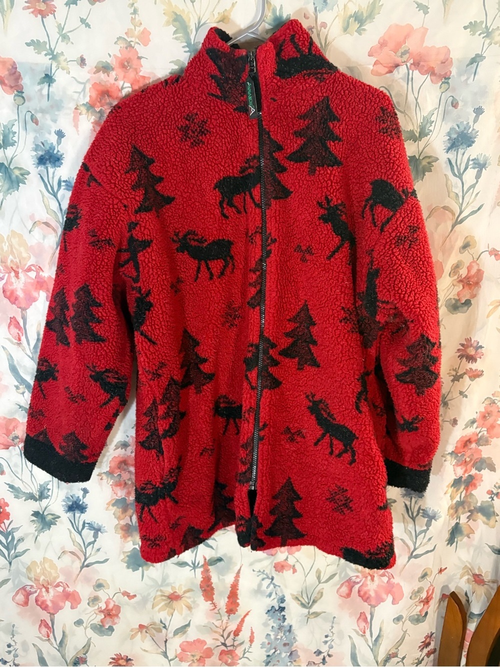Vintage Avalanche Red Teddy Jacket with Black Moose & Tree Pattern